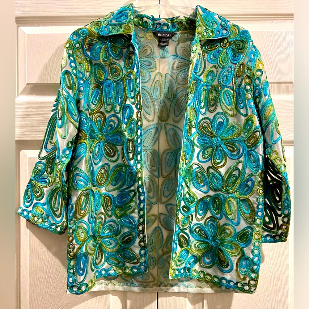 MULTIPLES cotton unlined embroidered trim floral jacket cardigan top Size Med-1